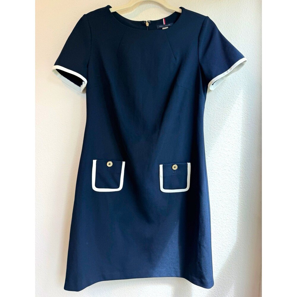 Tommy Hilfiger Navy Shift Dress Round Neck Short Sleeve Pockets Trim 6